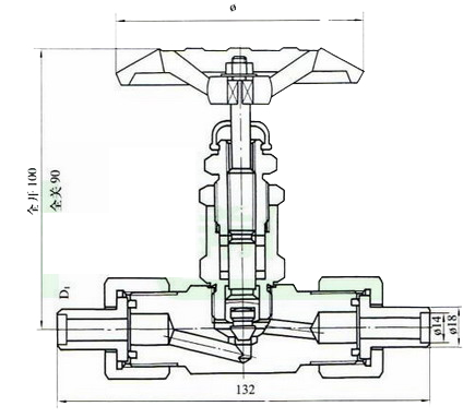 J23W外螺纹针型阀外形尺寸图
