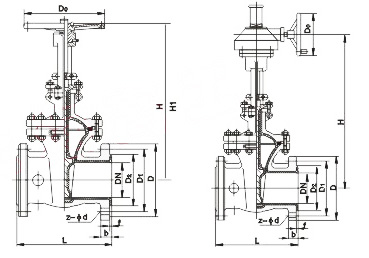 ZG941F46衬里楔式闸阀外形尺寸图